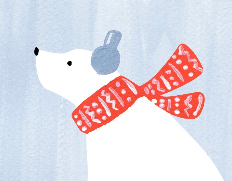 Polar Bear Art Print, Mantle Decor, Holiday Wall Art, Christmas Painting, Festive Cute Animals image 2