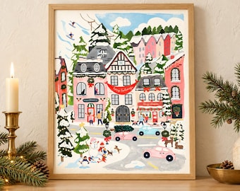 Christmas Village Art Print, Snowy Coffee Shop and Toy Store, Holiday Wall Decor