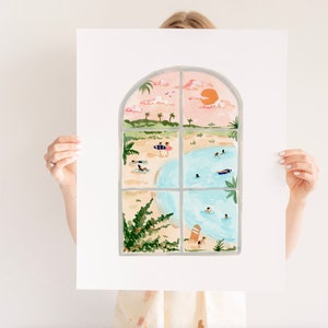 May include: A watercolor painting of a window with a view of a beach scene. The window is divided into nine panes and shows a beach with palm trees, people swimming and sunbathing, and a sunset in the background.