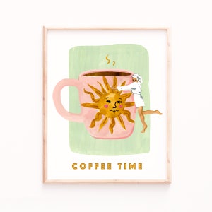 Impression d'art Coffee Hug, décoration de bar à café, cadeaux pour les amateurs de café, affiche de café, art vert sauge et rose, impressions de cuisine bohème