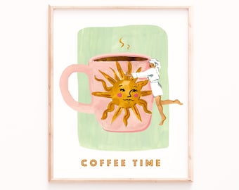 Coffee Hug Art Print: Sage Green and Pink Boho Style - Kitchen Decor