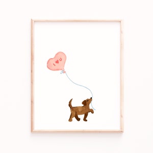 PRINTABLE Valentine's Day Art Print, Cute Dog Valentine, Dachshund Balloon, Valentine Wall Art, Watercolor Valentines Dog, Valentines Decor image 1