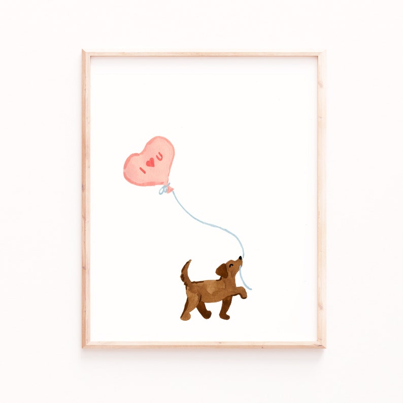 PRINTABLE Valentine's Day Art Print, Cute Dog Valentine, Dachshund Balloon, Valentine Wall Art, Watercolor Valentines Dog, Valentines Decor image 1