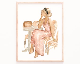 Fashion Illustration Art Print - Cafe Woman - Paris Watercolor Painting Wall Decor - Blonde Girl Cafe - Fashion Art - Watercolor Women Print