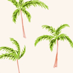 May include: Watercolor illustration of three palm trees. The trees have green fronds and pinkish-red trunks, set against a cream-colored background. The style is simple and artistic, evoking a tropical theme.