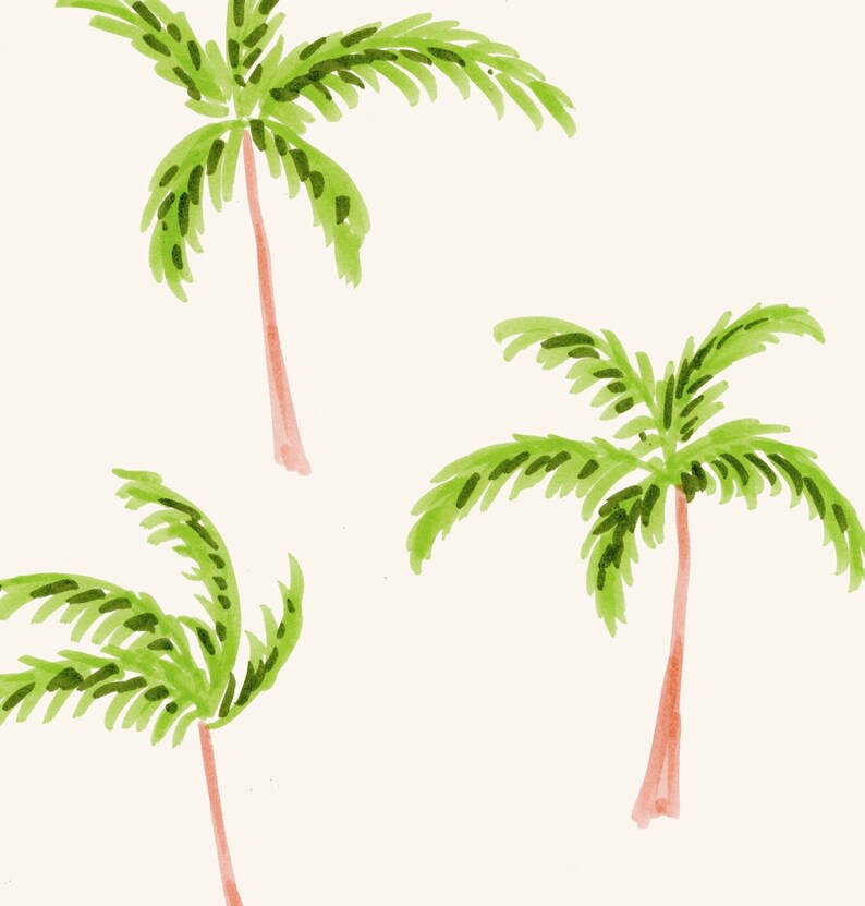 May include: Watercolor illustration of three palm trees. The trees have green fronds and pinkish-red trunks, set against a cream-colored background. The style is simple and artistic, evoking a tropical theme.