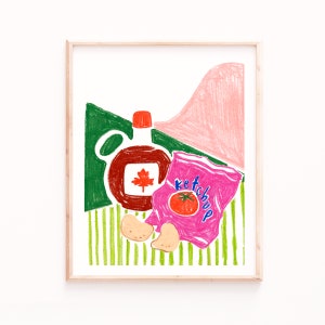 Ketchup Chips und Ahornsirup Druck, moderne Küche Wandkunst, Snack Drucke, Essen Poster, helles Küchendekor, kanadische Kunst