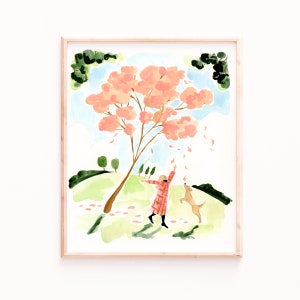 Herbst Blätter Kunstdruck, Herbst Wandkunst, Mädchen und Hund Druck, Labrador Geschenke, Haustier Erinnerung Malerei