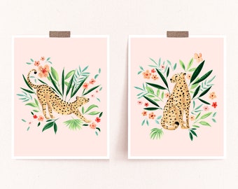 Sweet Cheetahs Art Prints - Sabina Fenn Illustration - Leopard Animal Painting - Wall Decor Pink Background Set or Individual - Watercolor