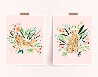 Sweet Cheetahs Art Prints - Sabina Fenn Illustration - Leopard Animal Painting - Wall Decor Pink Background Set or Individual - Watercolor