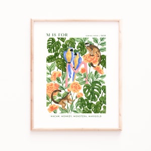 Monograma M Art Print, Impresiones del alfabeto, Arte alfabético de la pared, Decoración de la guardería, Impresiones de la guardería, Habitación para bebés, Habitación para niños, Impresiones de letras, Animales