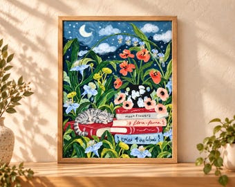 Botanical Book Nook Art Print with Sleeping Cat, Moonlit Floral Wall Art, Book Lover Gift