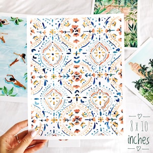 Moroccan Tiles Art Print , Marrakech Mosaic Inspired Gouache Painting Wall Decor, Boho Pattern Wall Art, Bohemian, Sabina Fenn Illustration