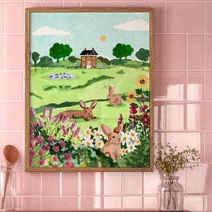 May include: A watercolor painting of a green field with a small brown house, a pond, and three brown rabbits. The field is surrounded by flowers and trees. The sky is blue with white clouds.