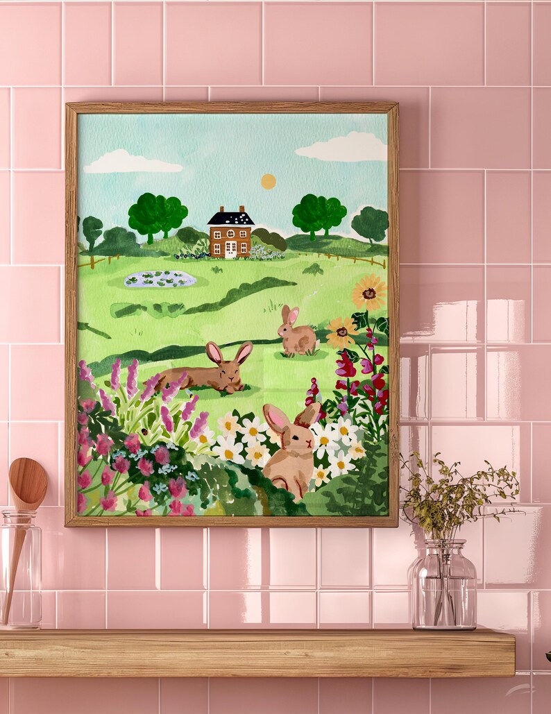 May include: A watercolor painting of a green field with a small brown house, a pond, and three brown rabbits. The field is surrounded by flowers and trees. The sky is blue with white clouds.