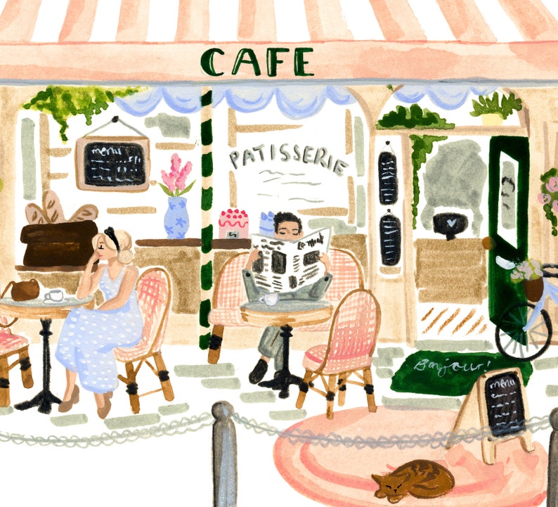 Op de afbeelding: Een aquarel-illustratie van een caf&eacute; met een roze luifel en het woord "Cafe" op een groene banner. Twee mensen zitten aan tafels, een leest een krant en de ander kijkt naar een telefoon. Er ligt een kat op de grond voor het caf&eacute;.