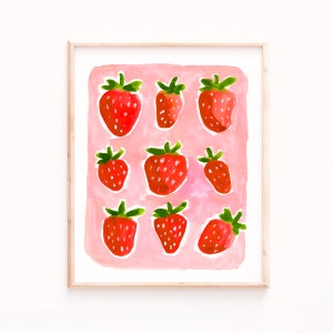 Impresión de arte de fresas, pintura de acuarela de frutas de verano, decoración de cocina moderna, impresión de arte de fresa, acuarela de frutas, decoración de cocina