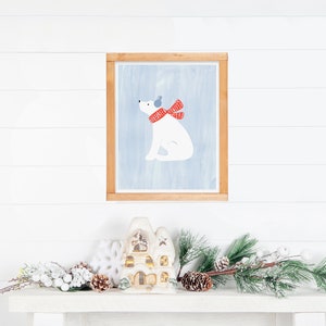 Polar Bear Art Print, Mantle Decor, Holiday Wall Art, Christmas Painting, Festive Cute Animals image 3