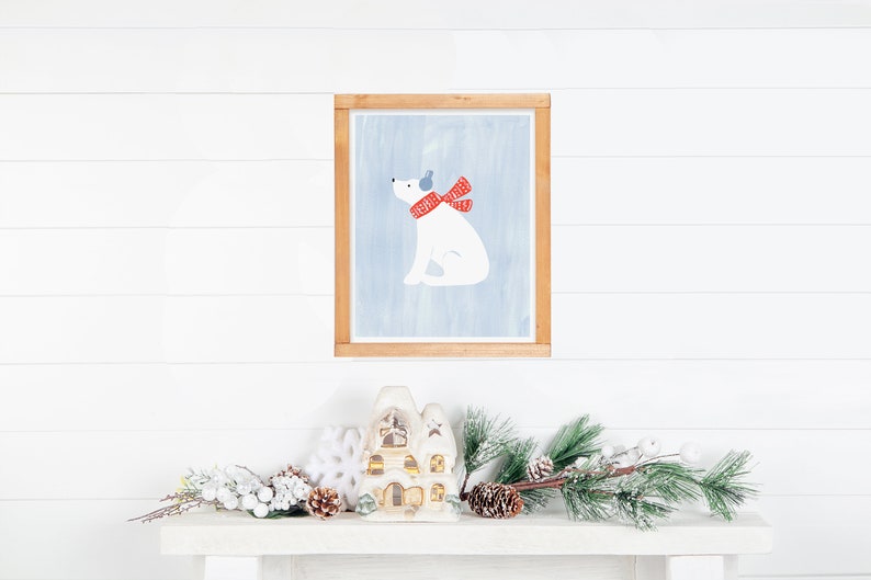 Polar Bear Art Print, Mantle Decor, Holiday Wall Art, Christmas Painting, Festive Cute Animals image 3