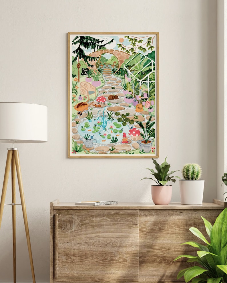 Secret Garden Art Print - Botanical Greenhouse with Frogs and Mushrooms image 4