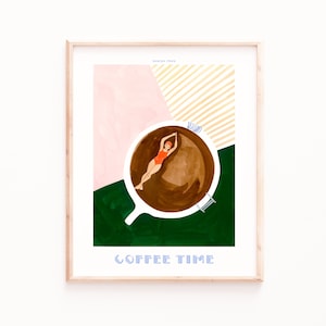 Coffee Poster Print, Good Morning Coffee Swimmer, Retro Swimming Art, Kitchen Wall Art