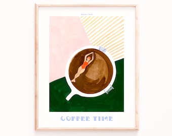 Coffee Swimmer Art Print: Retro Kitchen Wall Decor