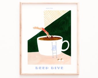 Coffee Poster Print, Coffee Girl Dive, Retro Art, Kitchen Wall Art, Art Deco Poster