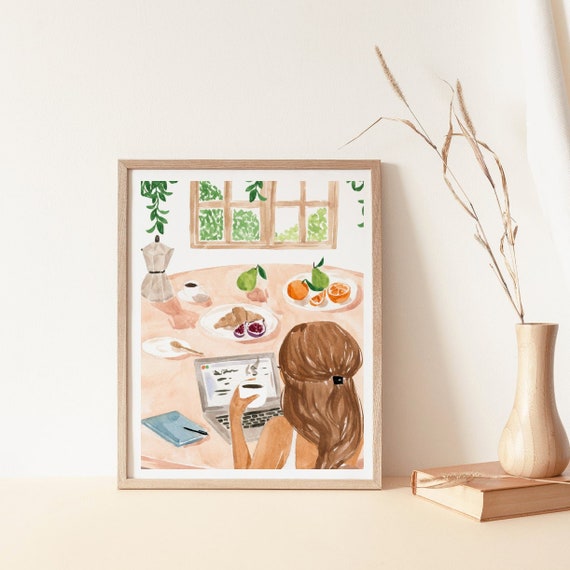 Boho Chic Home Office Art - Fruit and Coffee Watercolor Print