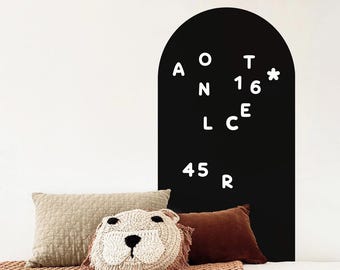 May include: Black arched chalkboard with white letters spelling "AOTNLCE 16* 45R" on a white wall with a brown and beige throw blanket and a crocheted lion head pillow on a bed.