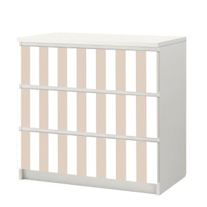 May include: White chest of drawers with three drawers and a striped design. The stripes are beige and white.