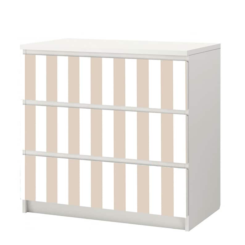 May include: White chest of drawers with three drawers and a striped design. The stripes are beige and white.