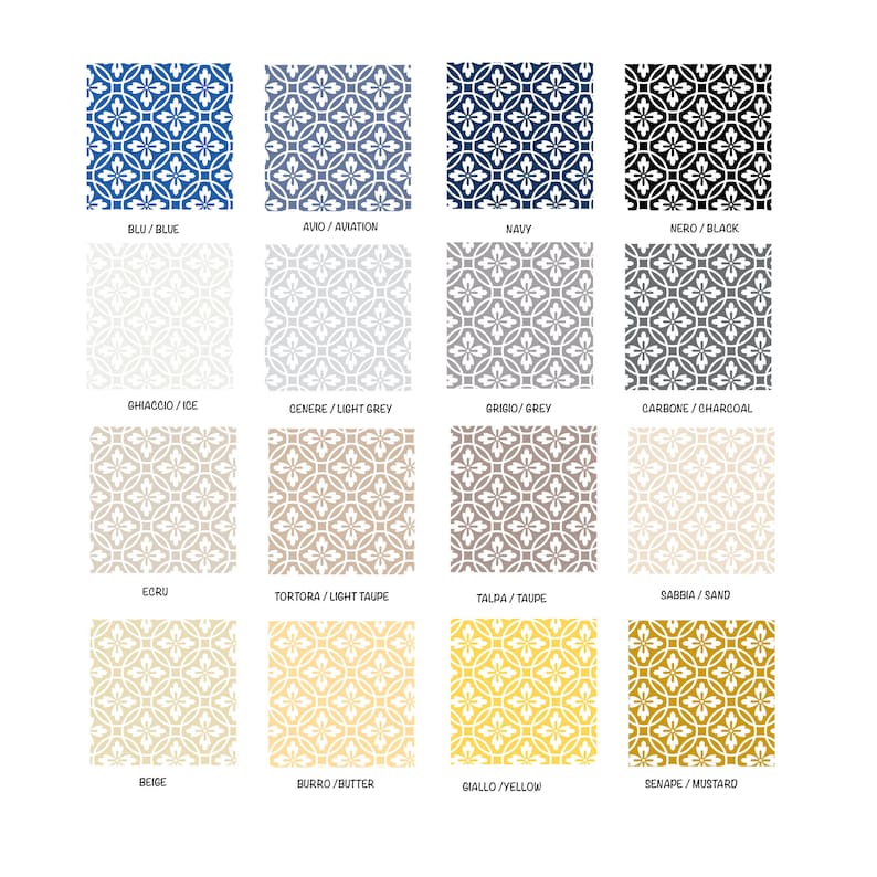 May include: A chart of 16 different color swatches with a geometric pattern in white. The colors are arranged in four rows of four swatches. The colors are: blue, light blue, navy, black, white, light gray, gray, charcoal, ecru, light taupe, taupe, sand, beige, butter, yellow, and mustard.