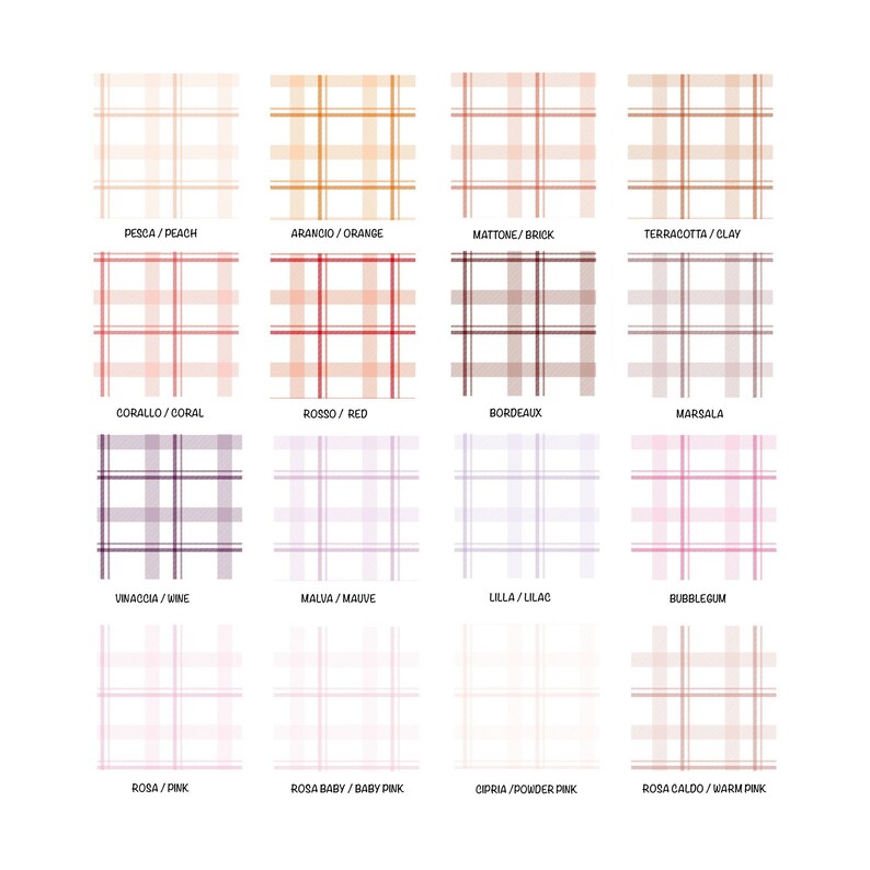 May include: A chart of 16 different plaid patterns in various shades of pink, red, orange, brown, and purple. Each pattern is labeled with its Italian and English name.