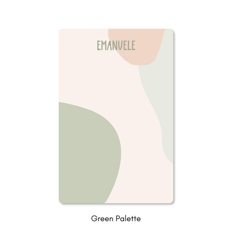 May include: A rectangular card with a soft, abstract design. The card features a pale background with green, peach, and white organic shapes. The name "EMANUELE" is printed at the top. The text "Green Palette" is at the bottom.