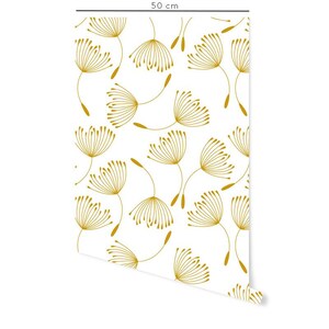 May include: A white background with a repeating pattern of gold dandelion-like flowers. The flowers are stylized and have a delicate, airy look.