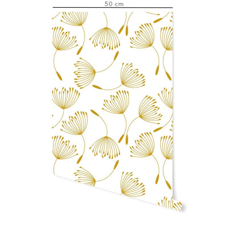 May include: A white background with a repeating pattern of gold dandelion-like flowers. The flowers are stylized and have a delicate, airy look.