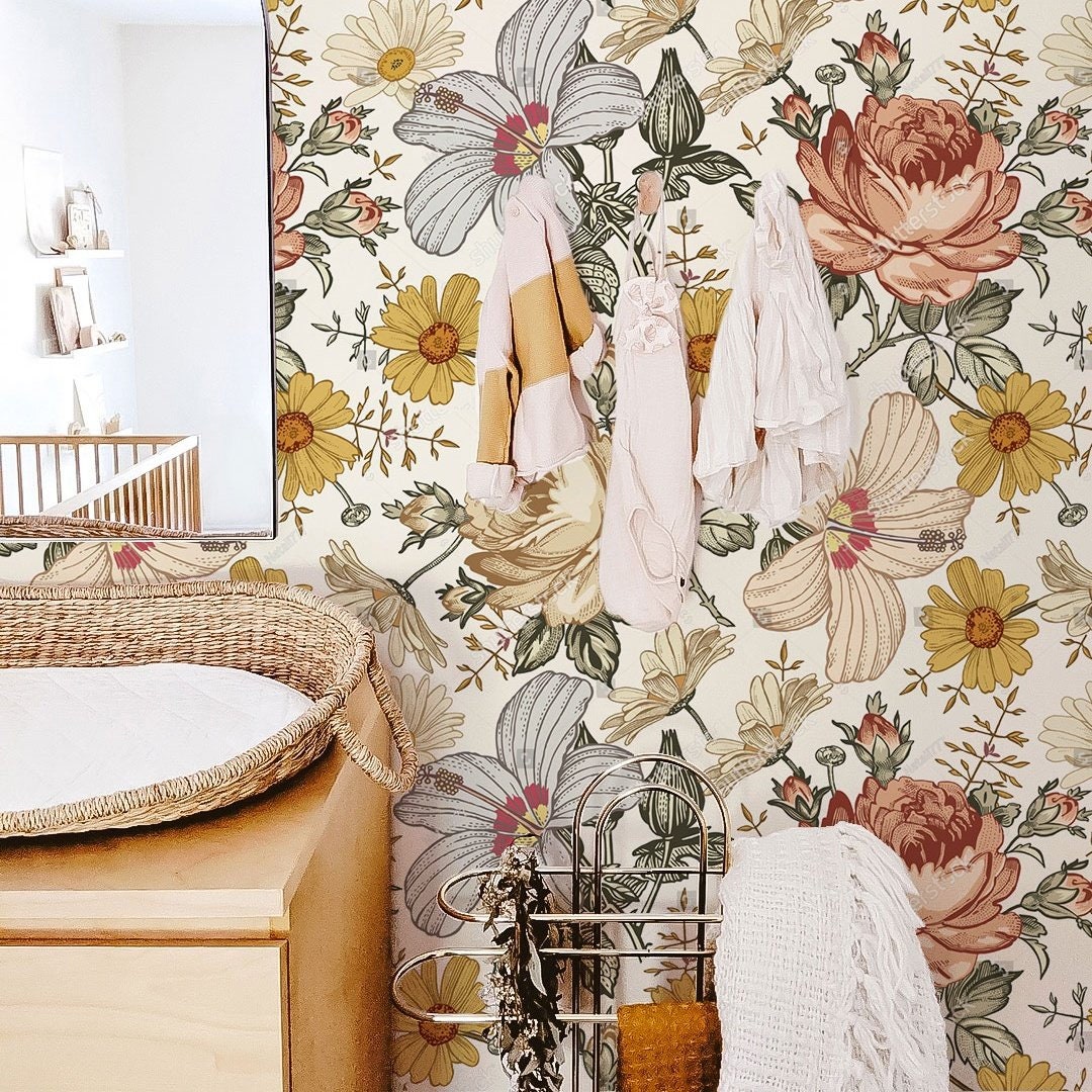 Vintage Flowers Wallpaper Removable Wallpaper Nursery Etsy