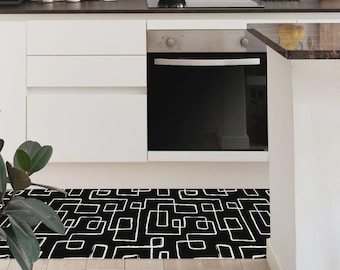 Black Vinyl Rug, Geometric Vinyl Kitchen Runner, Waterproof PVC Mat