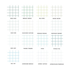 May include: A chart with 12 color swatches, each with a grid pattern and a name in Italian and English. The colors range from dark green to light blue.