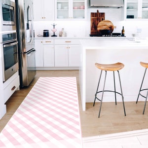 Vinyl Floor Mat, Colorful Area Rug, Pink Checkered Rug, Checker Rug, Nordic Rug, Pink Runner Rug, Washable Runner Rug, Square Geometric Rug