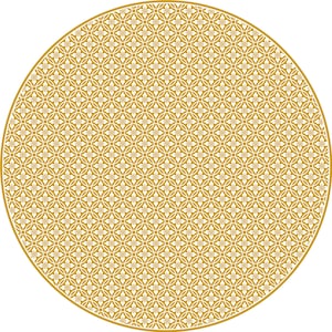 May include: A circular pattern with a gold background and white floral designs.