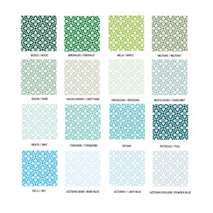 May include: A chart with 12 different color swatches, each with a pattern of overlapping circles. The colors range from dark green to light blue. Each swatch is labeled with an Italian word and its English translation.