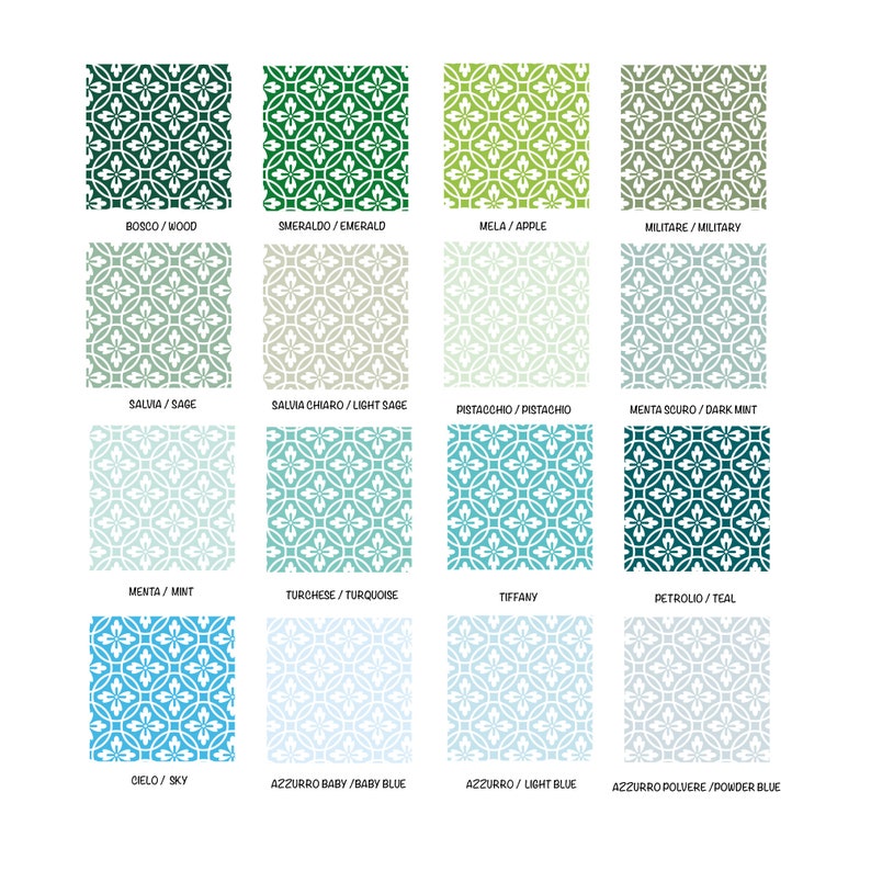 May include: A chart with 12 different color swatches, each with a pattern of overlapping circles. The colors range from dark green to light blue. Each swatch is labeled with an Italian word and its English translation.