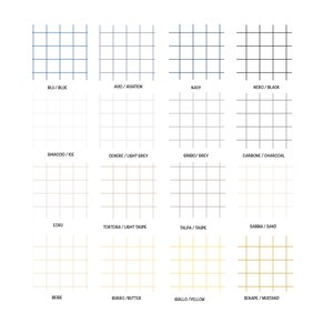 May include: A grid of 12 color swatches with names in Italian and English. The colors are blue, navy, black, light grey, grey, charcoal, ecru, light taupe, taupe, sand, beige, butter, yellow, and mustard.