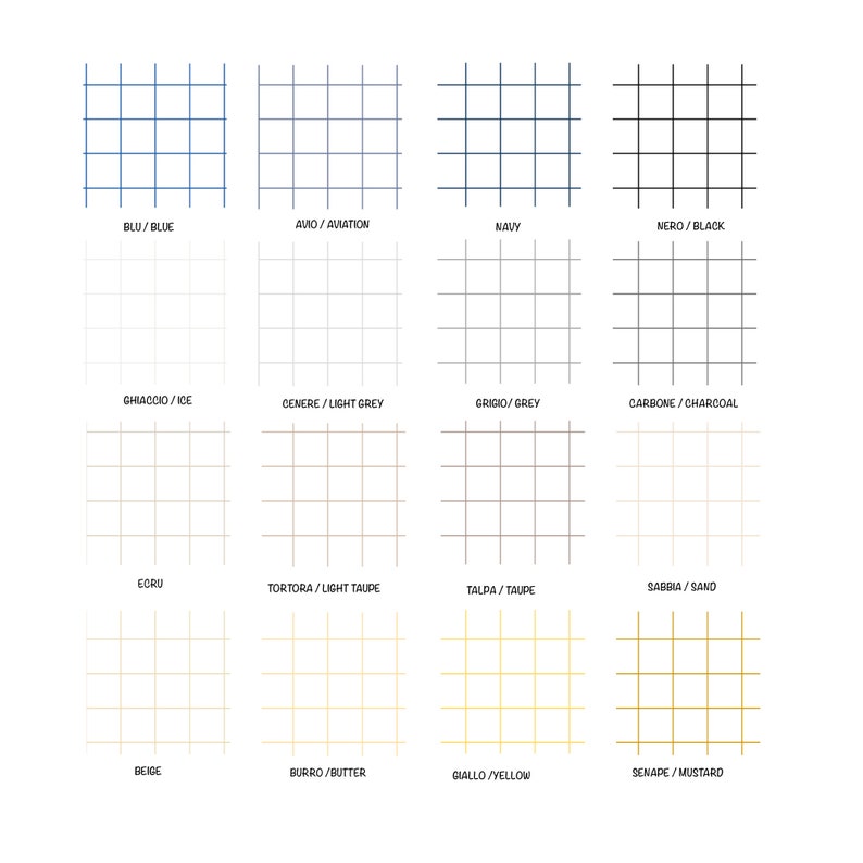 May include: A grid of 12 color swatches with names in Italian and English. The colors are blue, navy, black, light grey, grey, charcoal, ecru, light taupe, taupe, sand, beige, butter, yellow, and mustard.