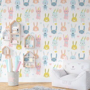 Rabbits Wallpaper, Nursery Wallpaper, Wall Mural, Removable Wallpaper