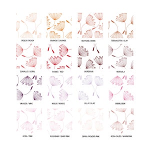 May include: A chart of 12 different color palettes with names in Italian and English. Each palette features a repeating pattern of stylized dandelion seeds in various shades of the color.