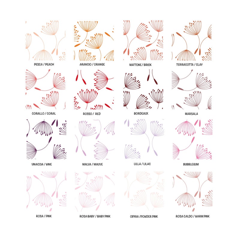 May include: A chart of 12 different color palettes with names in Italian and English. Each palette features a repeating pattern of stylized dandelion seeds in various shades of the color.