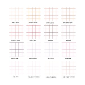 May include: A grid of 12 color swatches with Italian names and English translations. The colors are peach, orange, brick, terracotta, coral, red, burgundy, marsala, wine, mauve, lilac, bubblegum, pink, baby pink, powder pink, and warm pink.