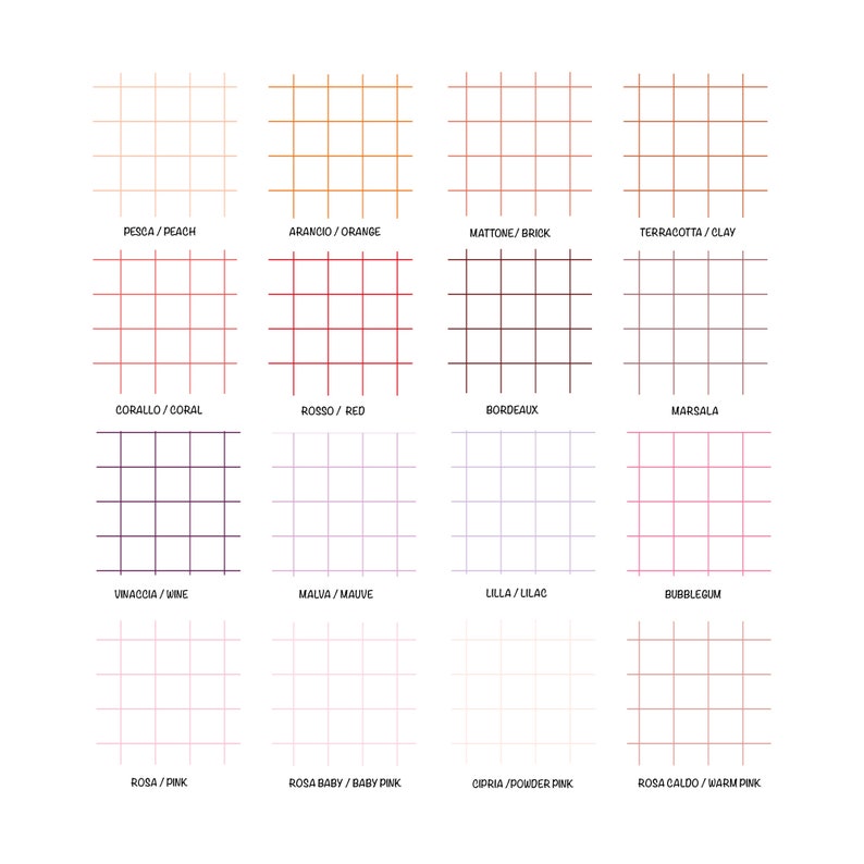 May include: A grid of 12 color swatches with Italian names and English translations. The colors are peach, orange, brick, terracotta, coral, red, burgundy, marsala, wine, mauve, lilac, bubblegum, pink, baby pink, powder pink, and warm pink.